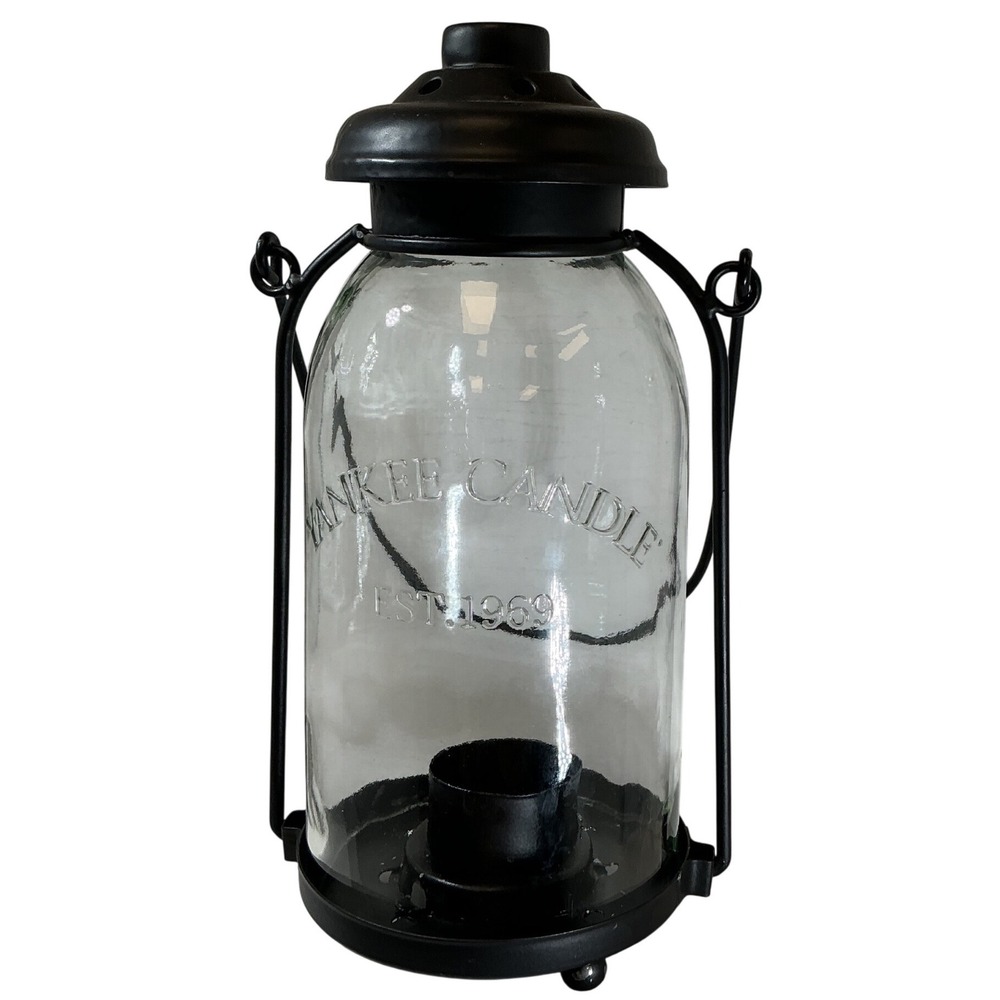 Yankee Candle Glass Jar Lantern Holder Black Metal Frame Vented Lid Est 1969